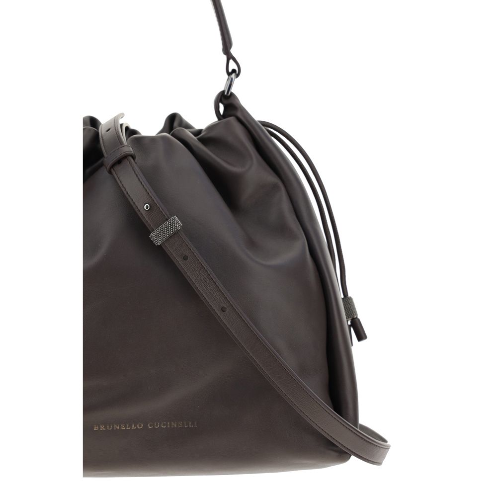 Brunello Cucinelli Borsa a Spalla in Pelle di Vitello Marrone Bos Taurus