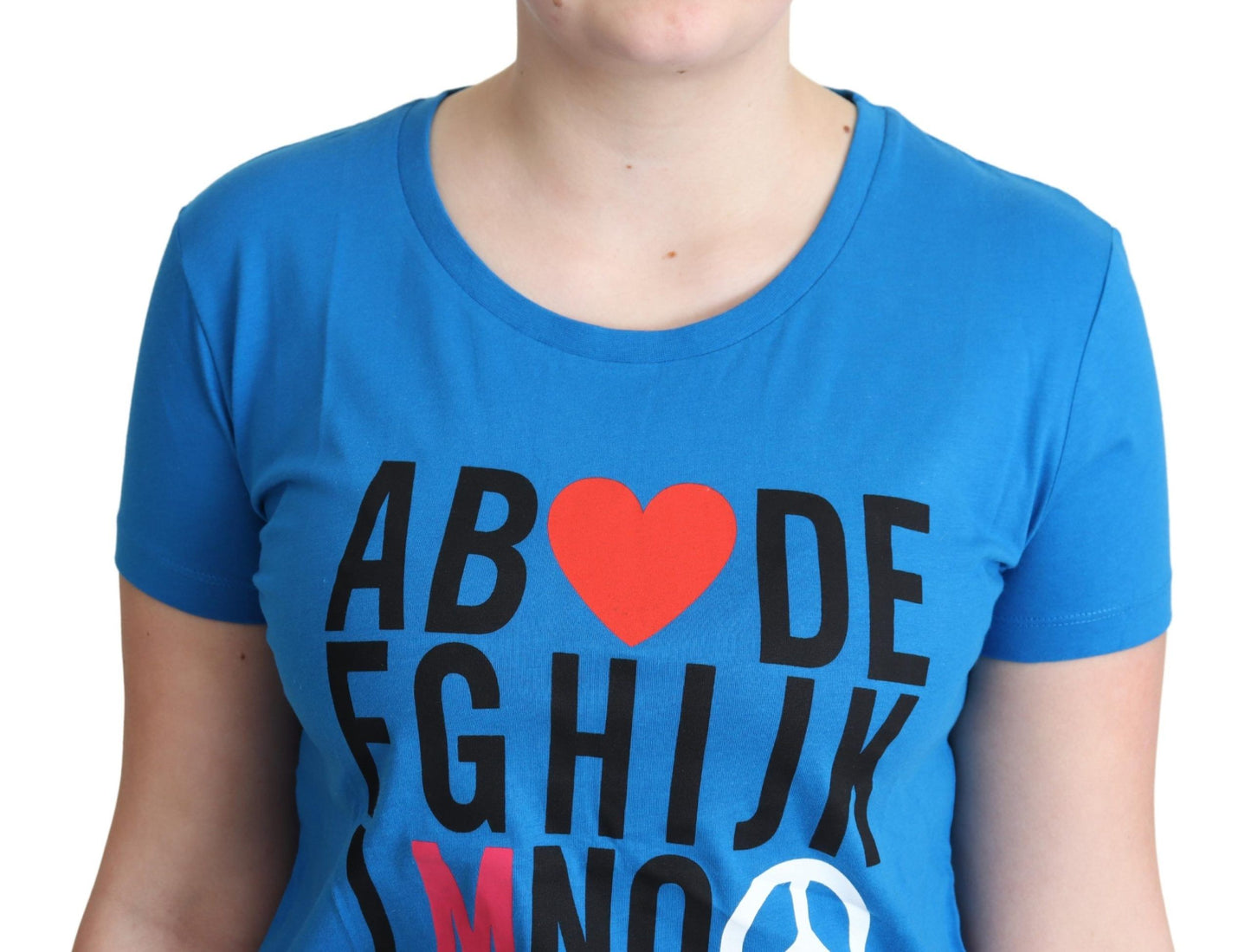 Top Moschino in cotone blu con stampa di lettere dell'alfabeto