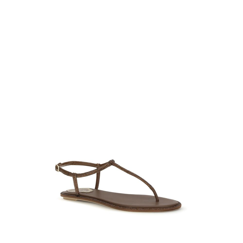 RENE CAOVILLA Sandales Plates en Satin Marron