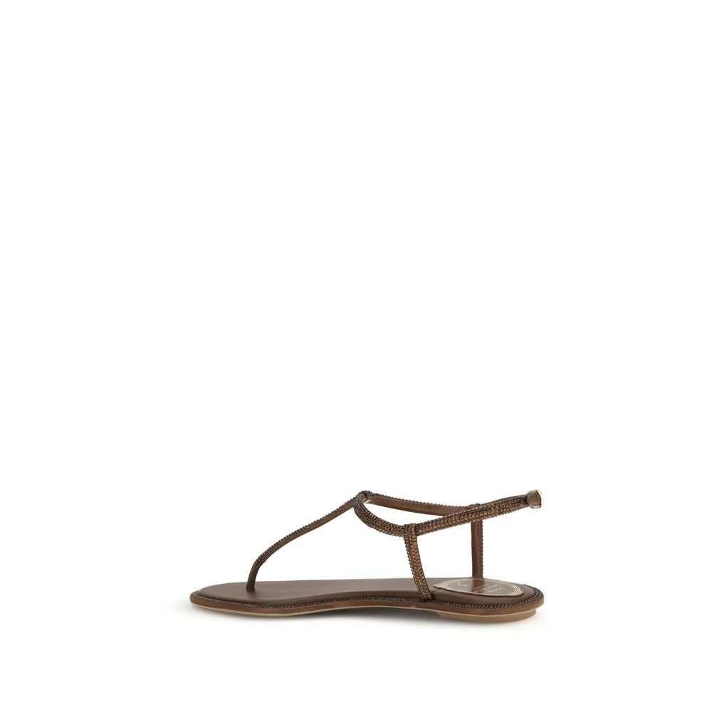 RENE CAOVILLA Sandales Plates en Satin Marron