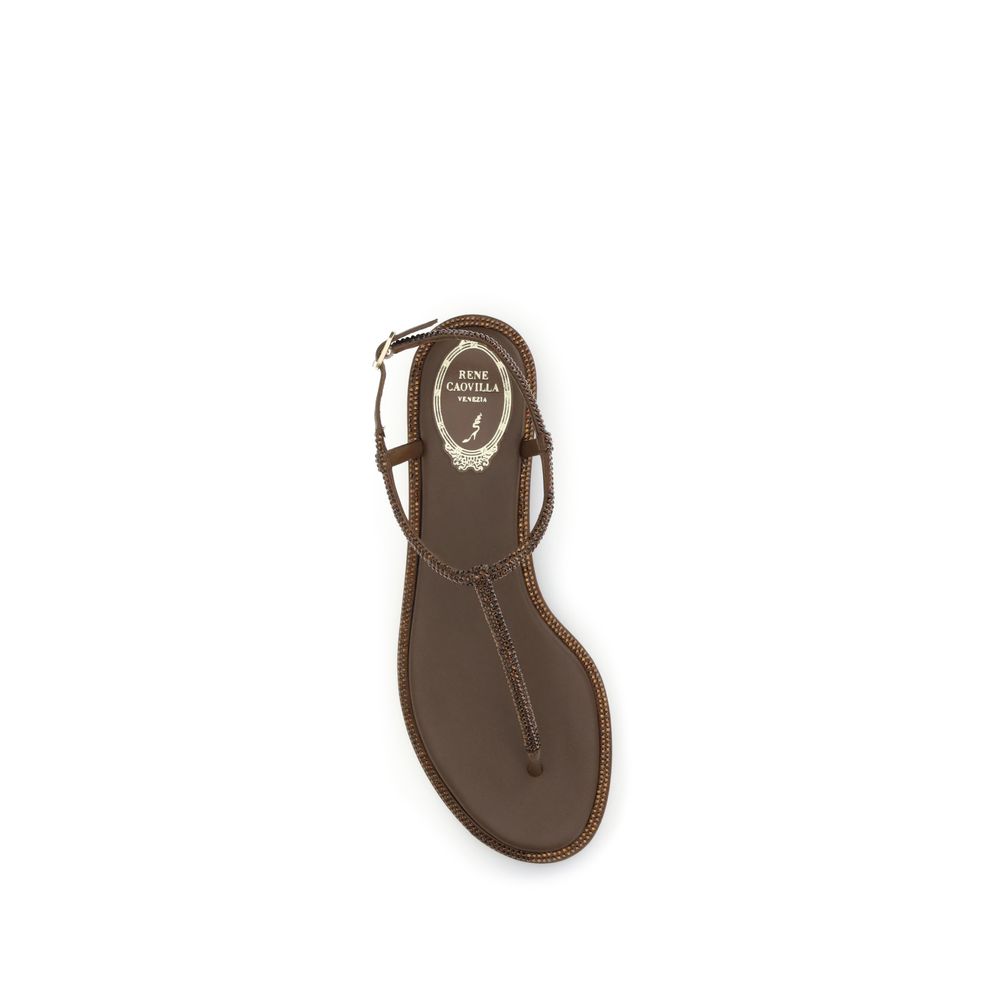 RENE CAOVILLA Sandales Plates en Satin Marron