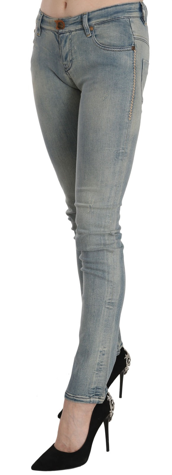 PLEIN SUD Jean skinny en denim délavé bleu clair taille mi-basse