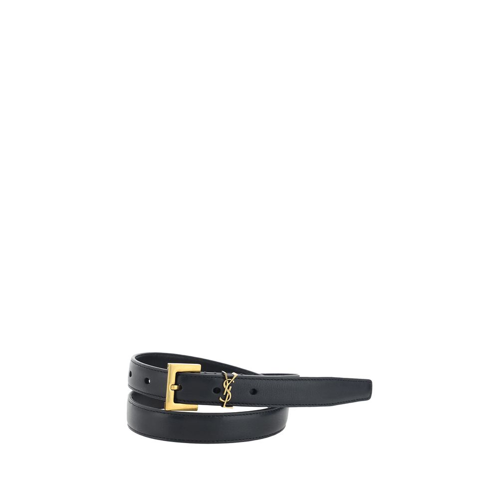Saint Laurent Cintura Sottile Nera in Pelle di Vitello Bos Taurus