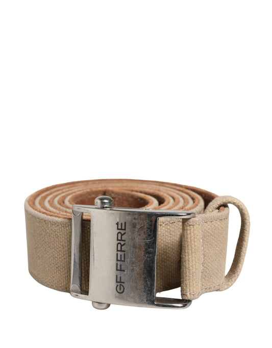 Cintura GF Ferre da uomo in tela beige con fibbia in metallo argentato