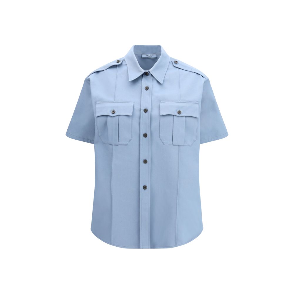 Camicia a maniche corte in cotone blu Prada