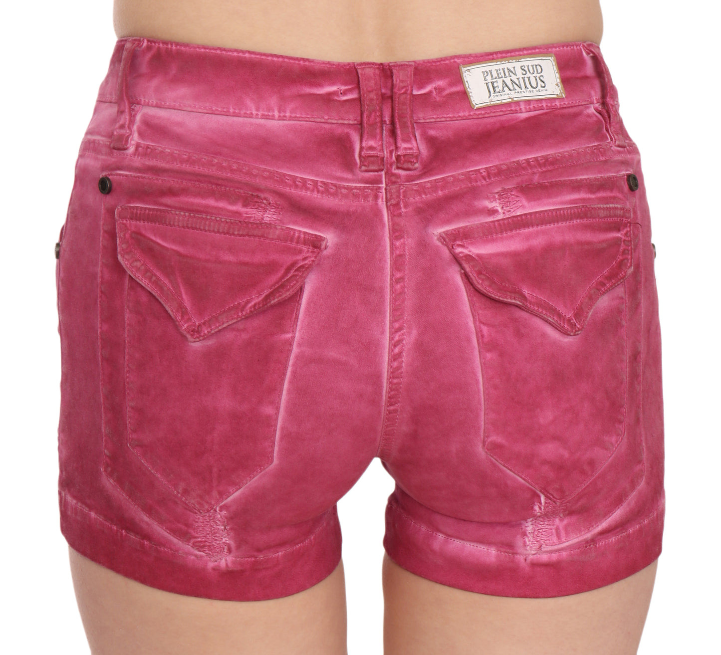 PLEIN SUD Mini shorts in denim di cotone rosa a vita media