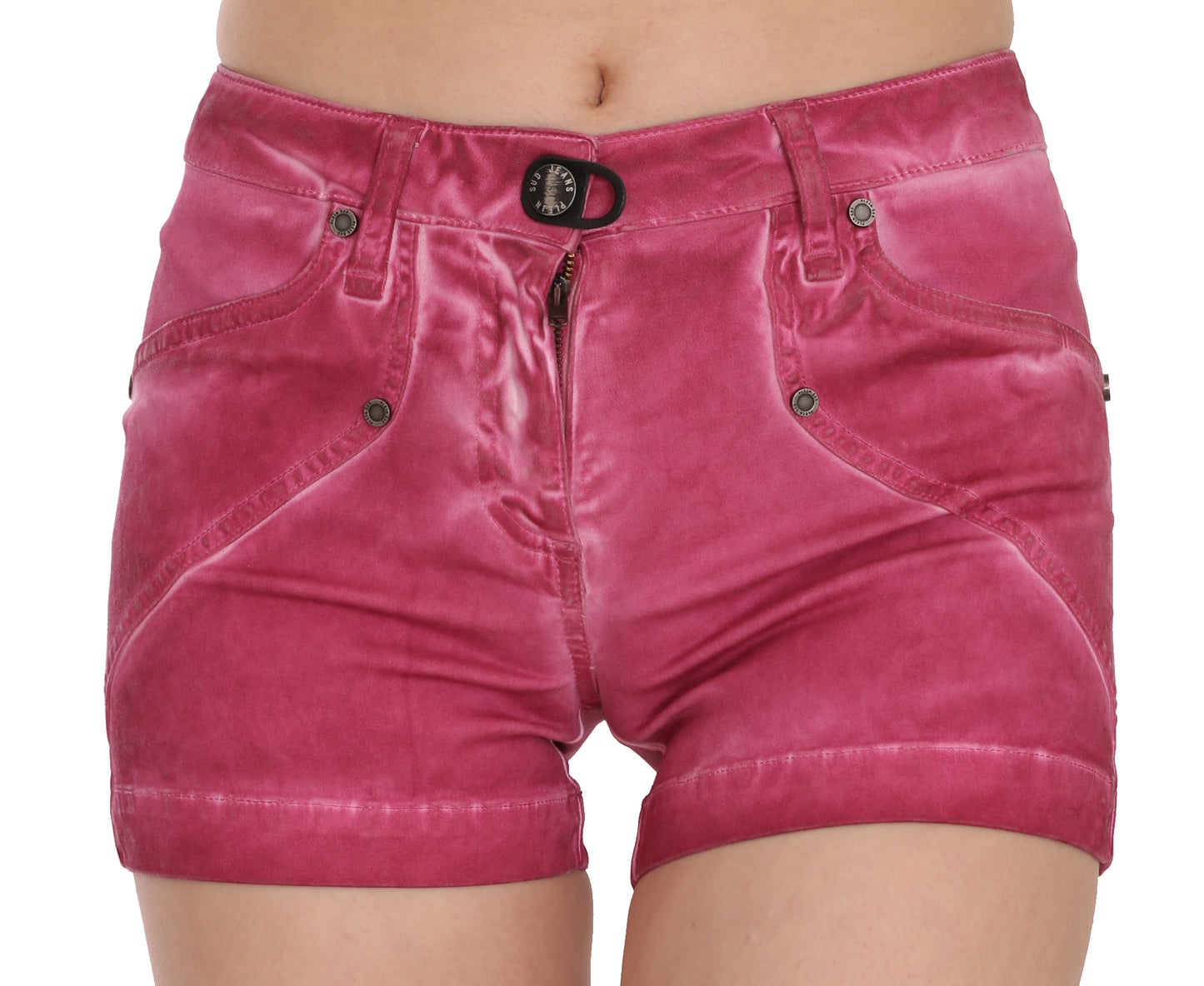 PLEIN SUD Mini shorts in denim di cotone rosa a vita media