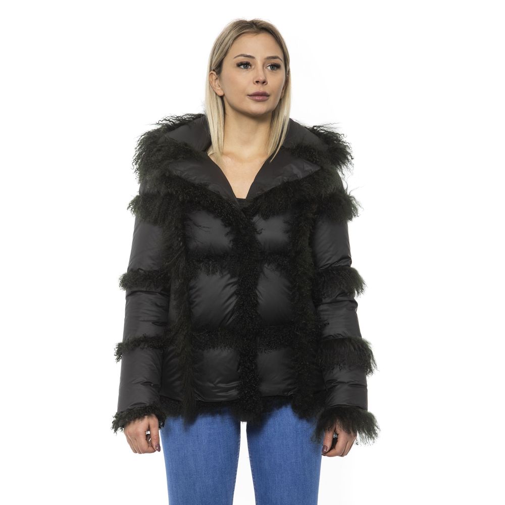 Giacca Nera in Poliestere Mr&Mrs Italy con Cappuccio in Pelliccia di Agnello per Donna