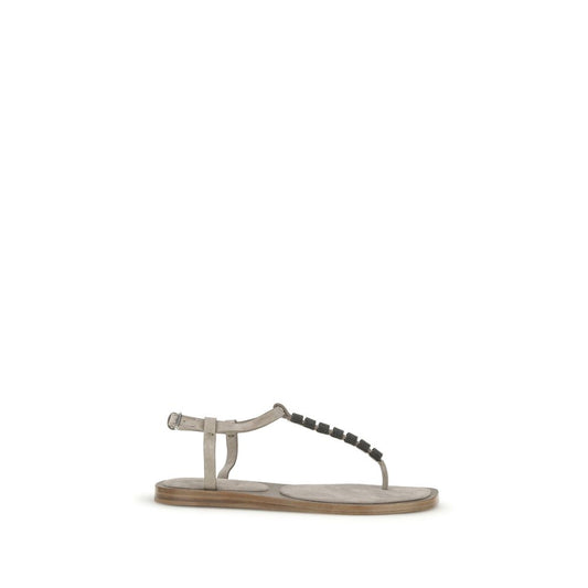 Brunello Cucinelli Sandali piatti in pelle di vitello beige Bos Taurus