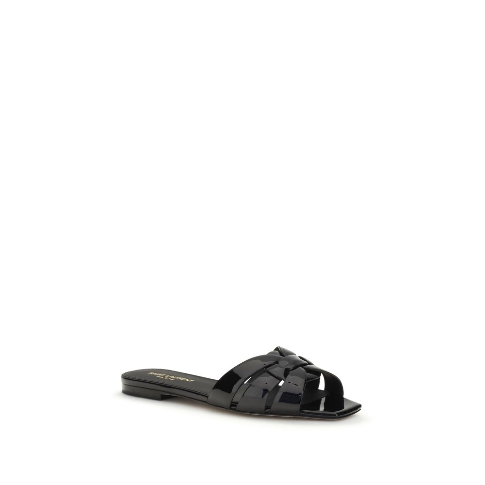 Sandales plates Saint Laurent en cuir de veau noir Bos Taurus