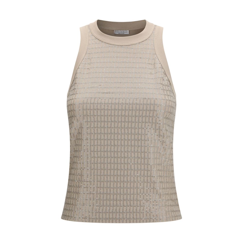 Brunello Cucinelli T-shirt senza maniche in cotone beige