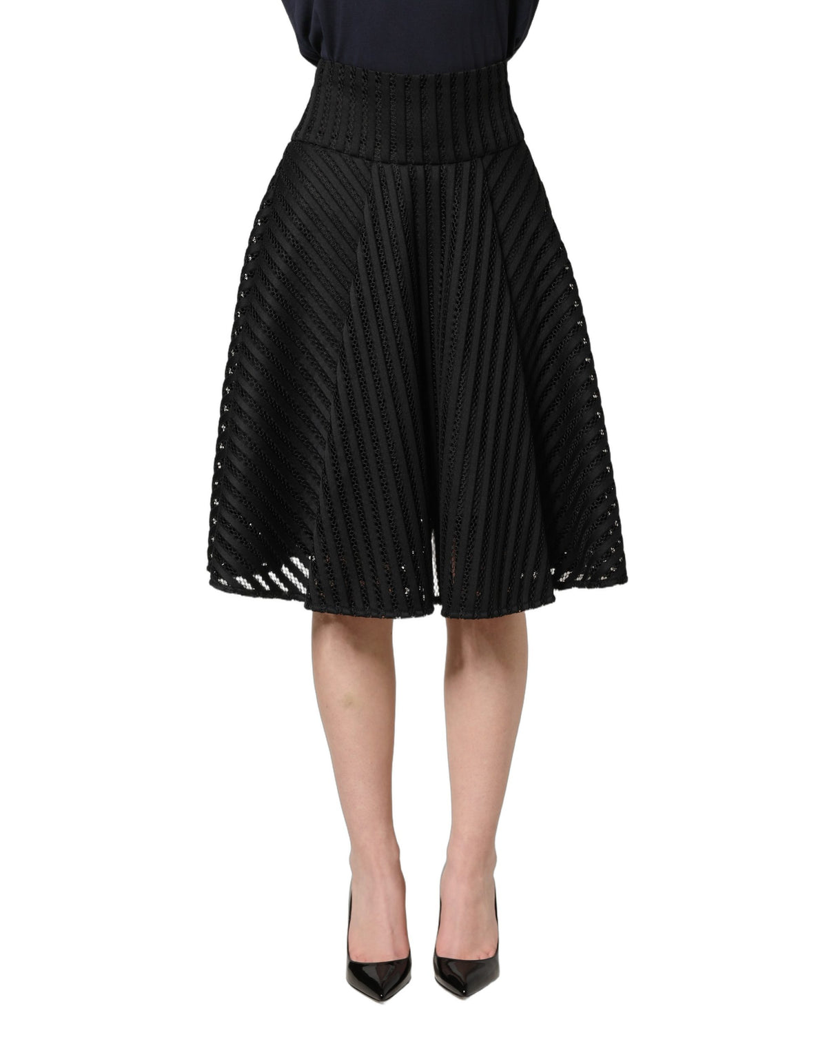 PINKO Abito Midi Svasato in Cotone a Righe con Silhouette ad A Nero