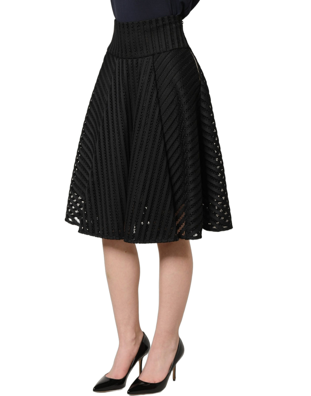 PINKO Abito Midi Svasato in Cotone a Righe con Silhouette ad A Nero