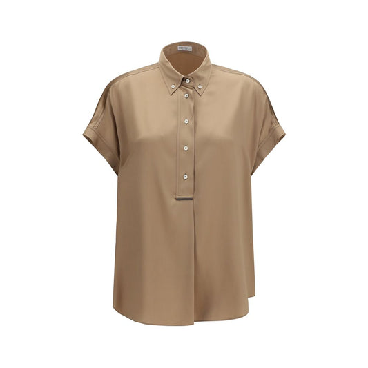 Camicia a maniche corte in seta beige Brunello Cucinelli