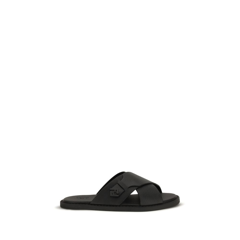 Sandales plates Fendi en cuir de veau noir Bos Taurus