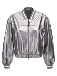 Brunello Cucinelli Silver Leather Bomber