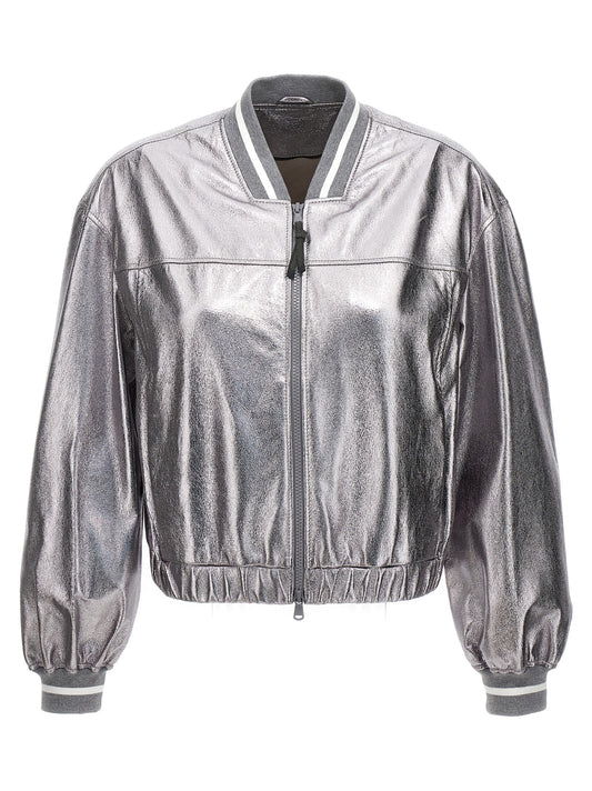 Blouson aviateur Brunello Cucinelli en cuir argenté