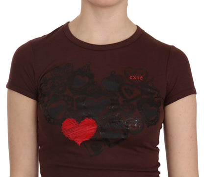 T-shirt casual a maniche corte con cuori marroni Exte