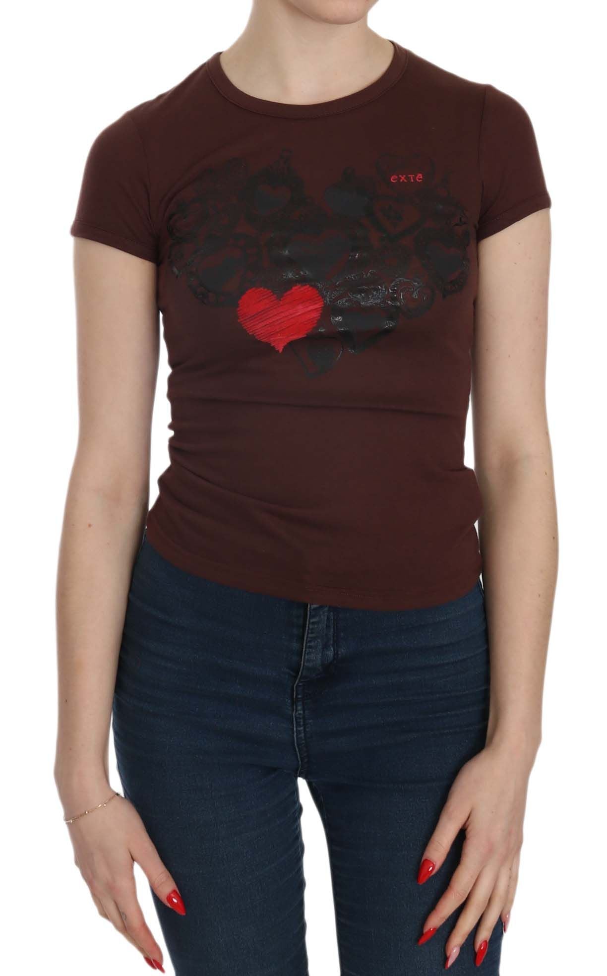 T-shirt casual a maniche corte con cuori marroni Exte