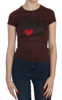 T-shirt casual a maniche corte con cuori marroni Exte