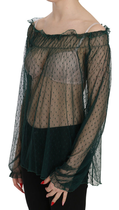 PINK MEMORIES Top blusa a maniche lunghe in rete verde trasparente