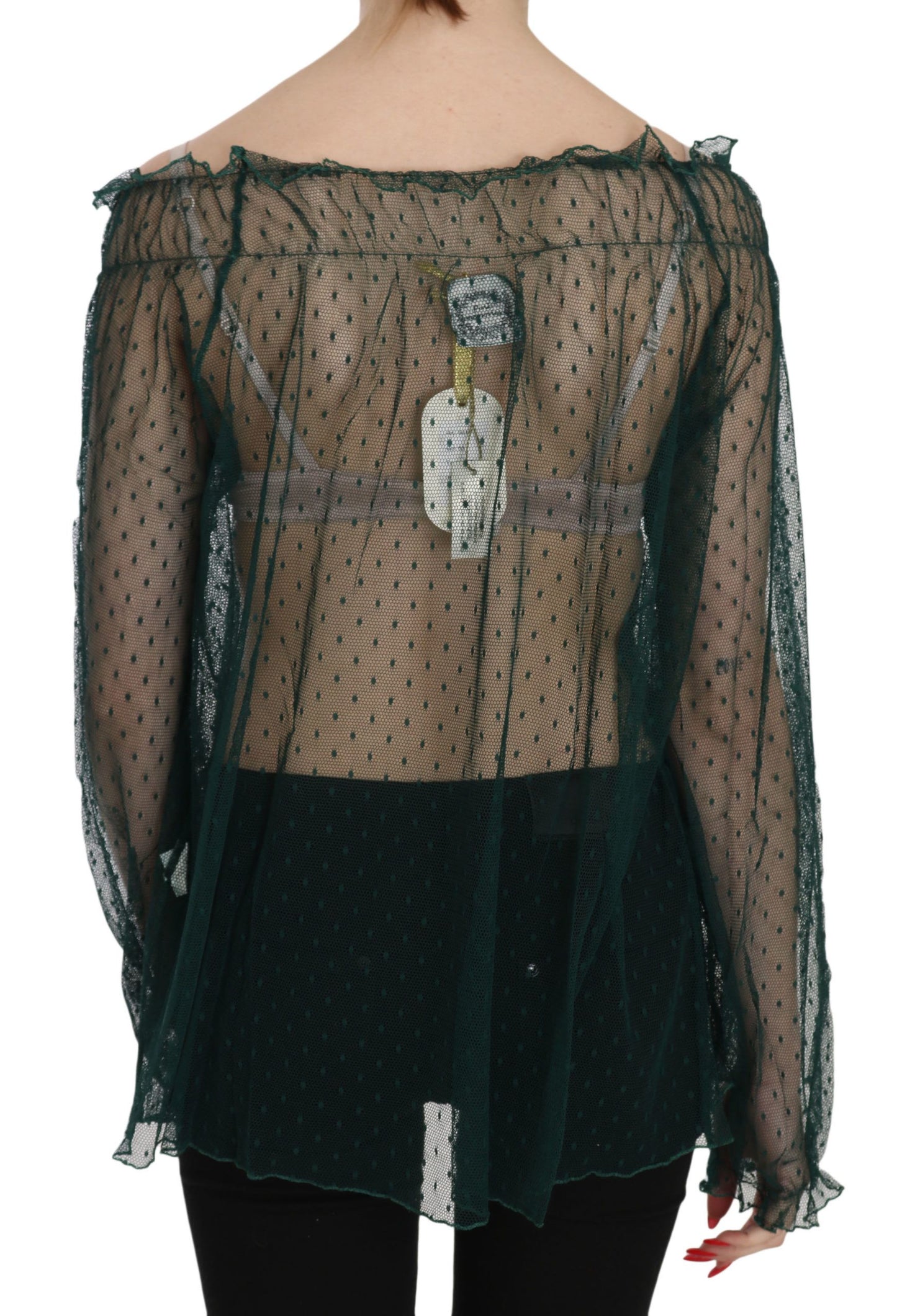 PINK MEMORIES Top blusa a maniche lunghe in rete verde trasparente