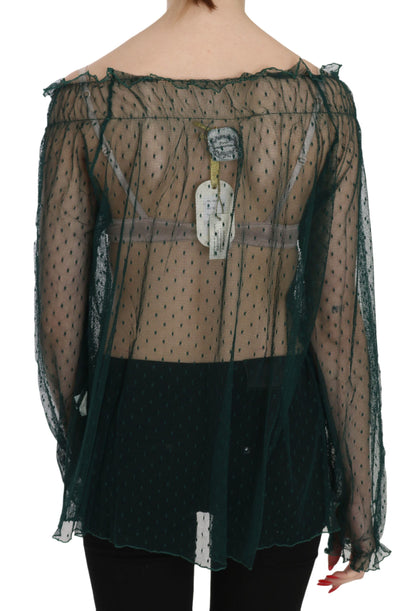 PINK MEMORIES Top blusa a maniche lunghe in rete verde trasparente