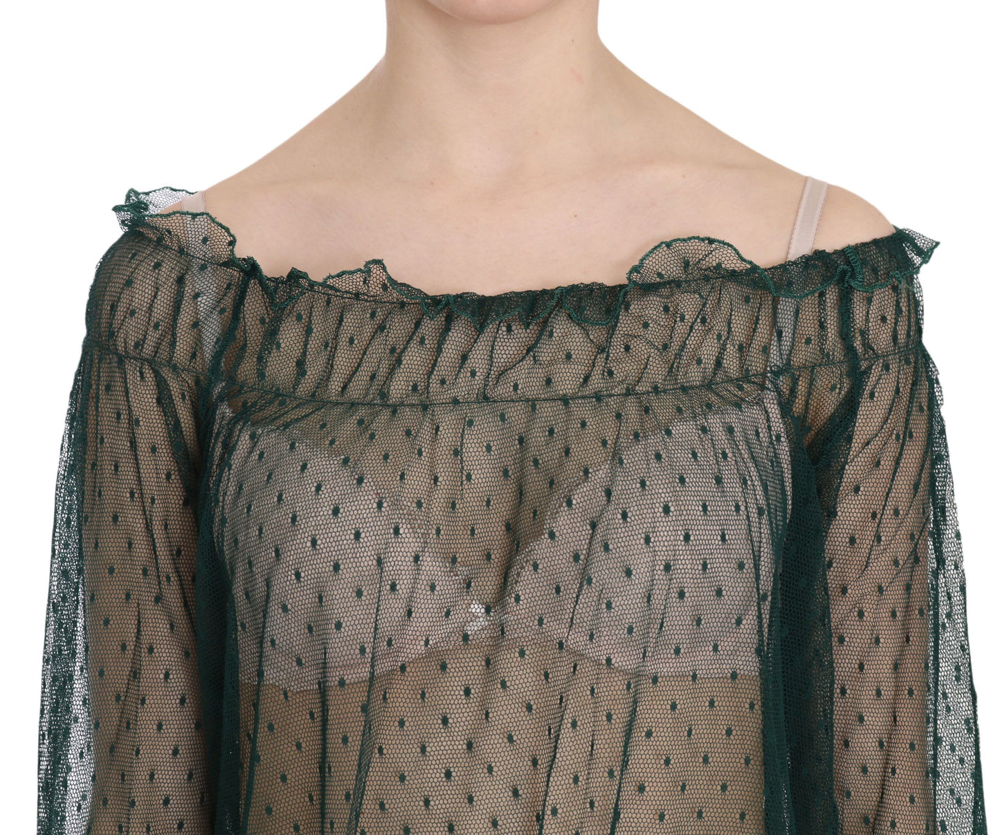 PINK MEMORIES Top blusa a maniche lunghe in rete verde trasparente