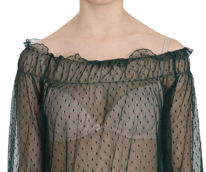 PINK MEMORIES Top blusa a maniche lunghe in rete verde trasparente
