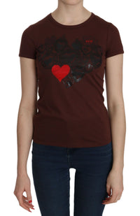 Exte Brown Heart Print Crew Neck T-shirt Short Sleeve Blouse