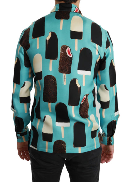 Dolce & Gabbana Blue Silk Ice Cream Print Casual Shirt