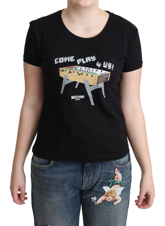 T-shirt nera in cotone con stampa "Come Play 4 Us" di Moschino