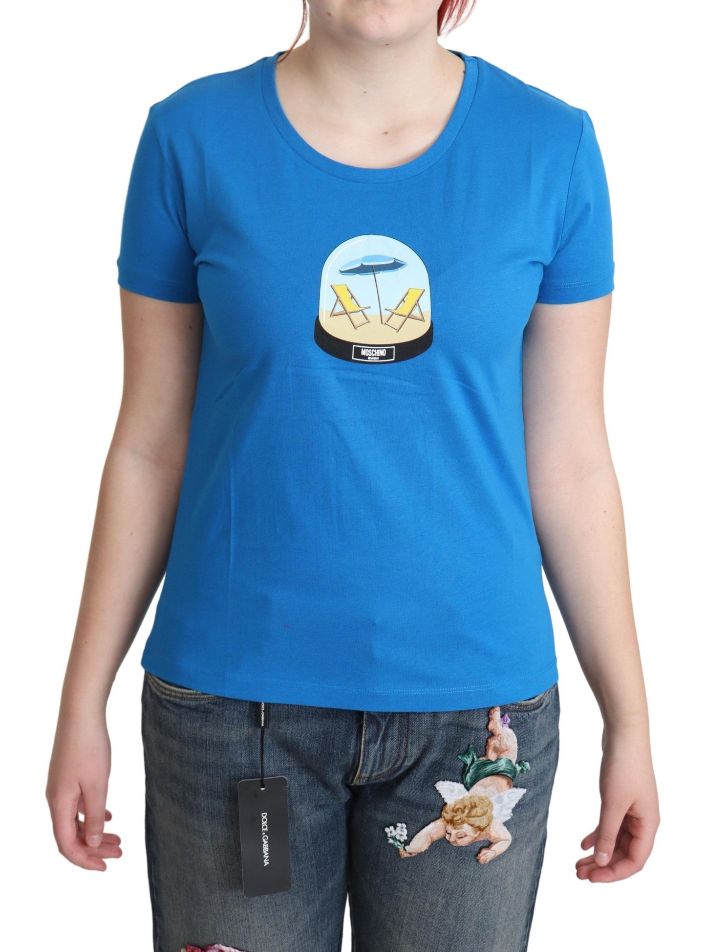 Maglietta a maniche corte in cotone stampato blu Moschino