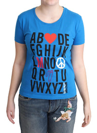 Top Moschino in cotone blu con stampa di lettere dell'alfabeto