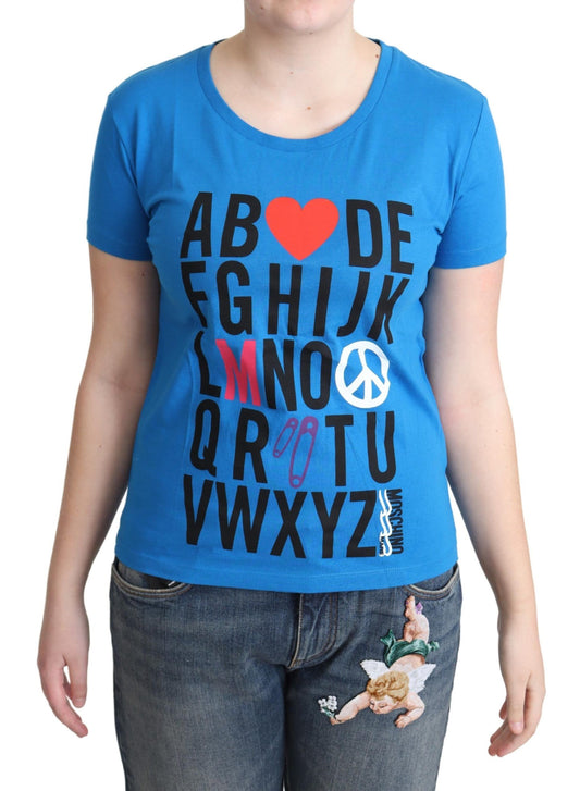 Top Moschino in cotone blu con stampa di lettere dell'alfabeto