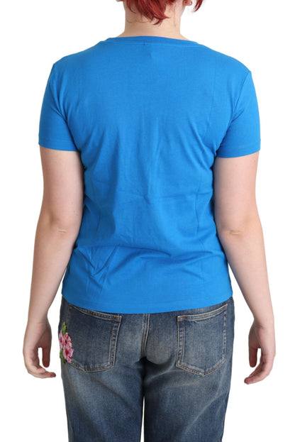 Top Moschino in cotone blu con stampa di lettere dell'alfabeto