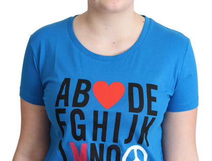 Top Moschino in cotone blu con stampa di lettere dell'alfabeto
