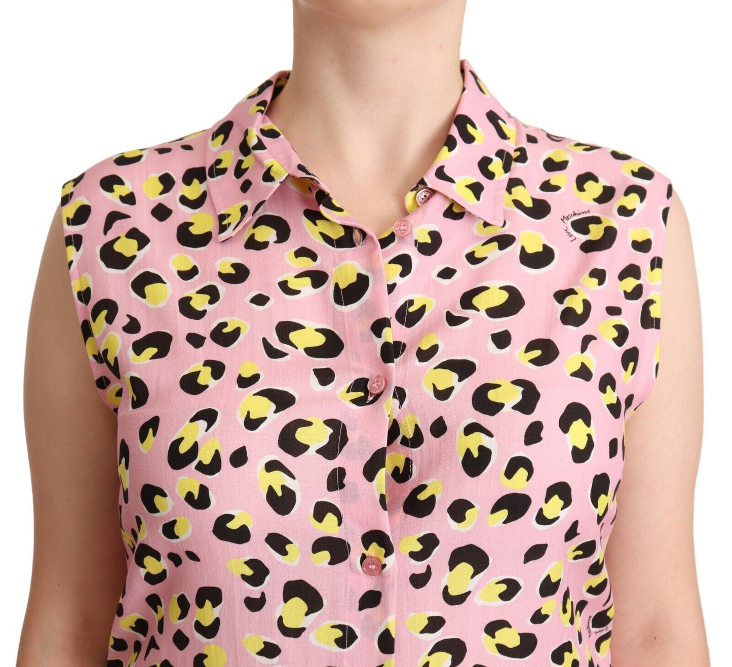Polo sans manches à col imprimé léopard rose Love Moschino
