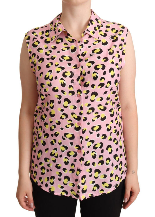 Polo senza maniche con colletto e stampa leopardata rosa Love Moschino