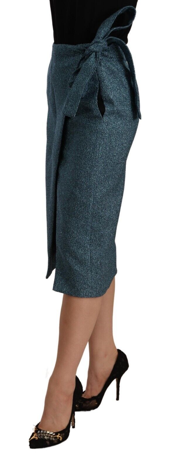 Jupe crayon droite taille haute Koonhor bleue style portefeuille