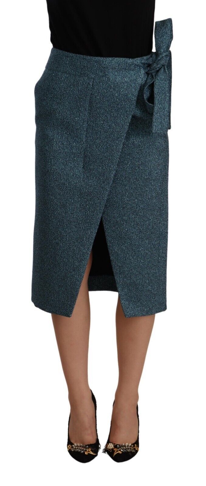 Jupe crayon droite taille haute Koonhor bleue style portefeuille
