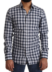 Dolce & Gabbana Blue White Check Cotton Slim Fit GOLD Shirt