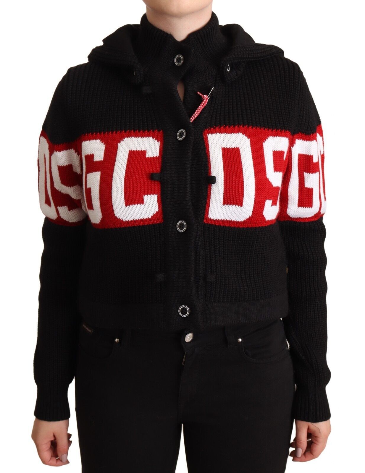 Cardigan con cappuccio e bottoni in cashmere nero GCDS con logo
