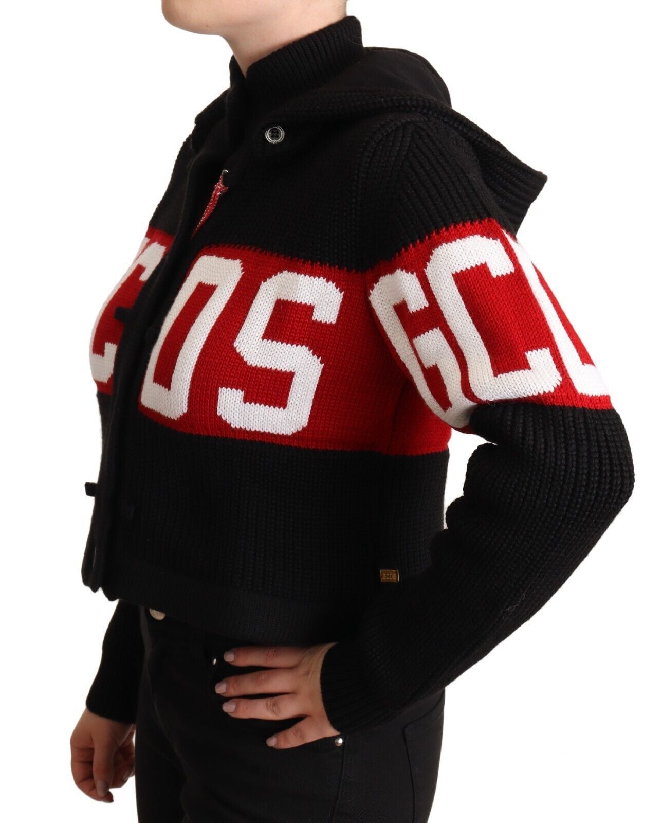 Cardigan con cappuccio e bottoni in cashmere nero GCDS con logo