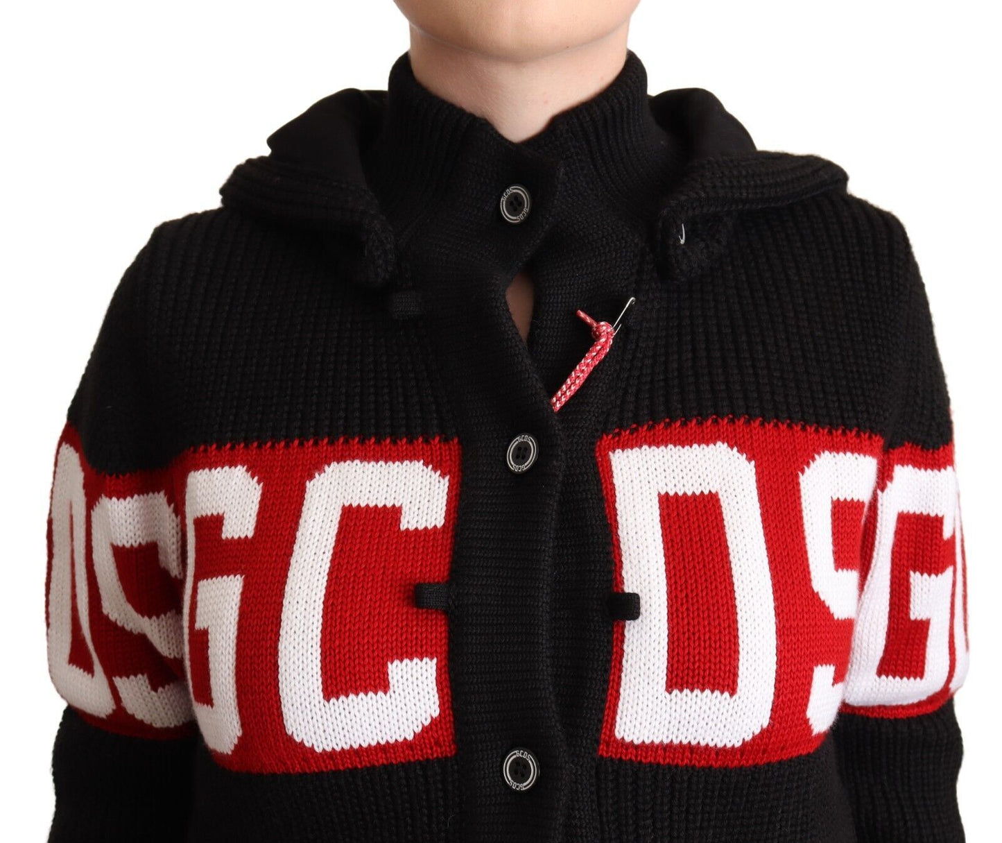Cardigan con cappuccio e bottoni in cashmere nero GCDS con logo