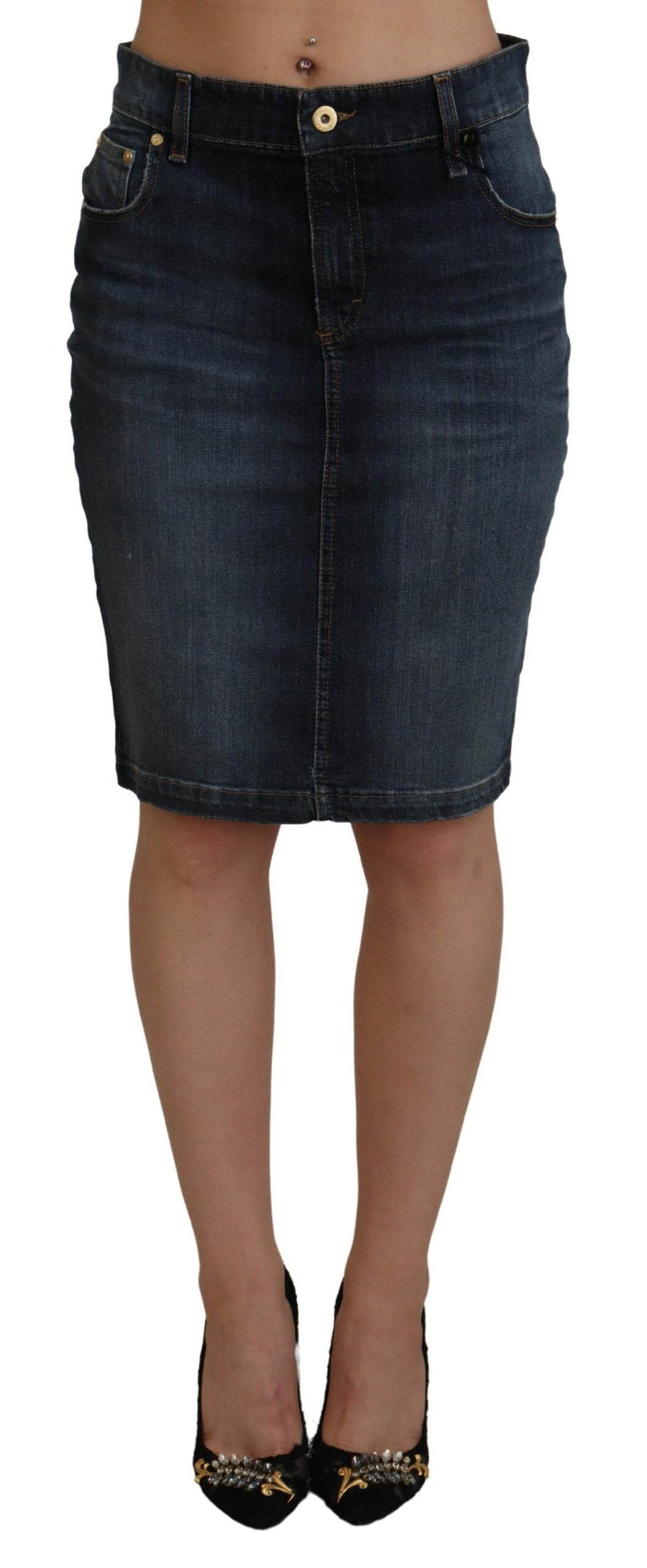 Jupe crayon en jean Fiorucci bleu foncé délavé, taille mi-haute