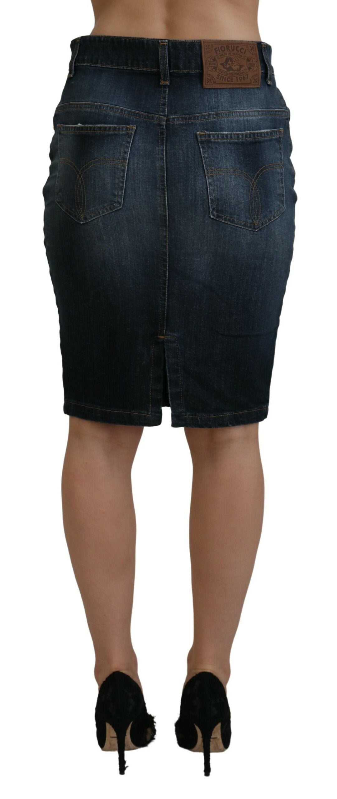Jupe crayon en jean Fiorucci bleu foncé délavé, taille mi-haute