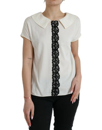 Dolce & Gabbana Off White Silk Lace Trim Short Sleeves Top