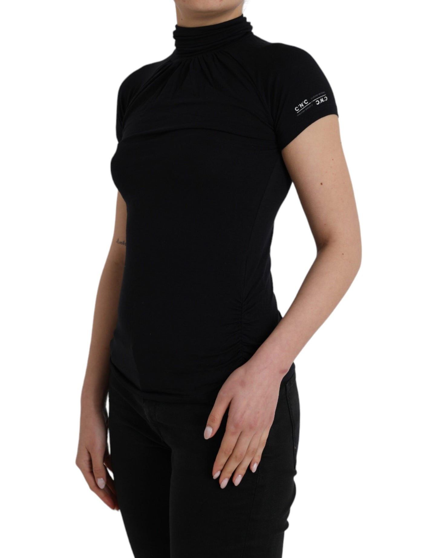 Costume National Maglia a maniche corte in viscosa con collo alto nero