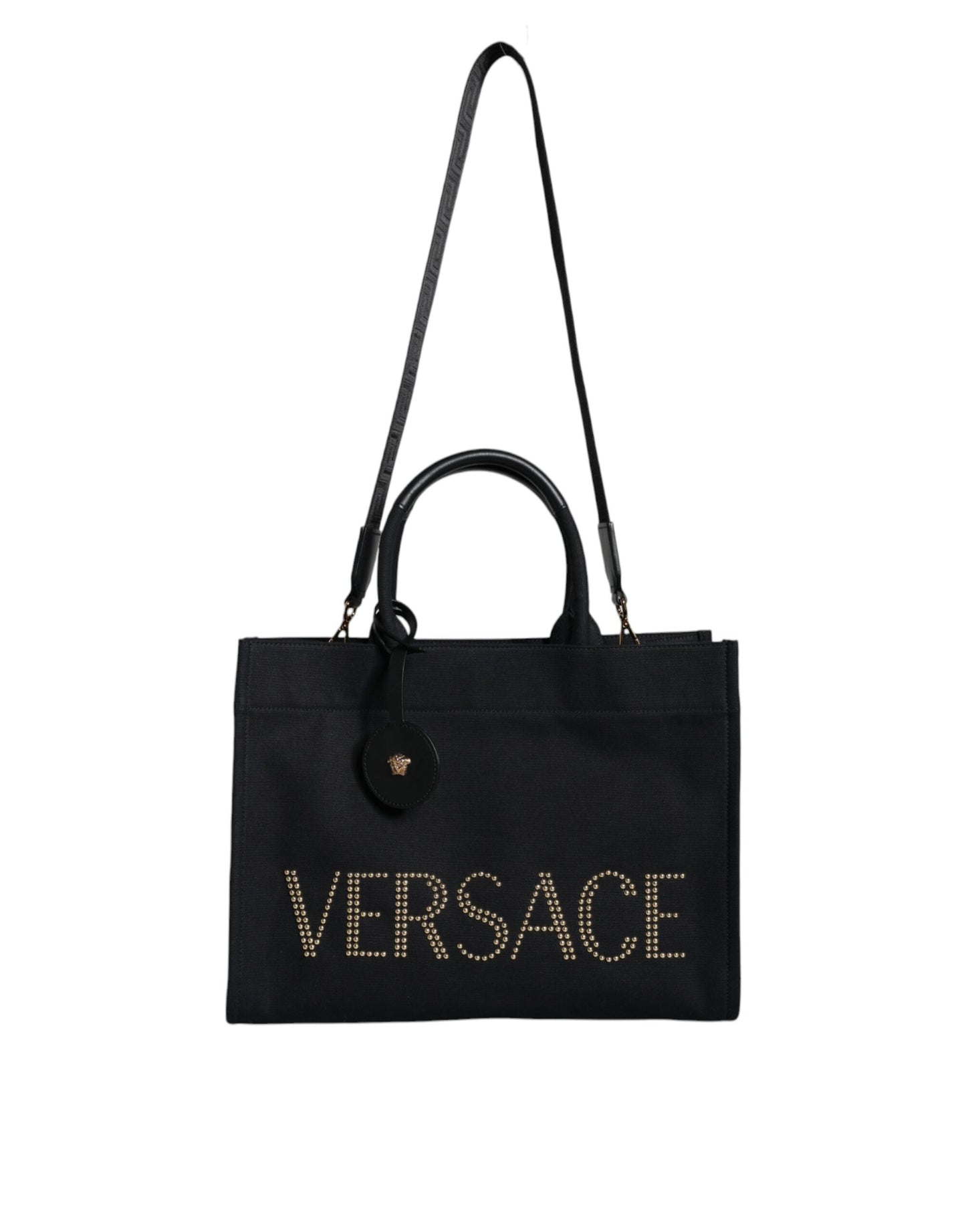 Borsa a tracolla Versace in tela e pelle nera con logo e manico superiore